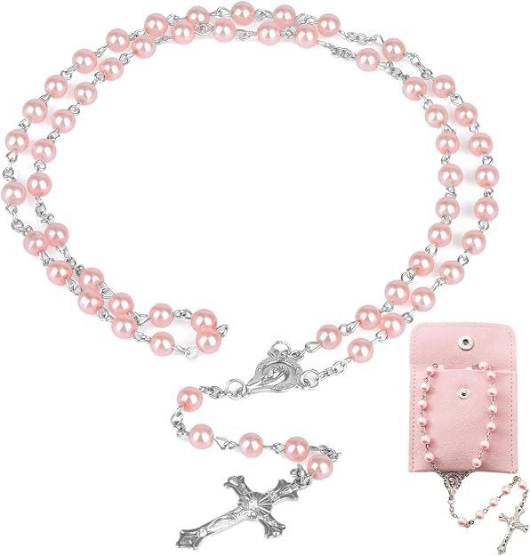 Rosario Católico, Rosario de Comunión con Cruz Retro, Collar Cruz Católica con Bolsa de Regalo de Terciopelo, Elegante Cruz para Bautismo Comunión Boda Fiesta de Comunión