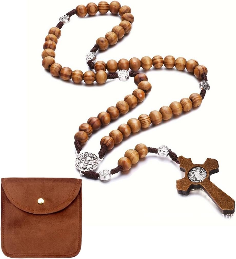 Collar de Rosario Católico con Cruz, Cadena de Oración de Madera Natural, Ideal para Comunión Católica, Bautizo, Misa y Estudio Bíblico (incluye bolsa de almacenamiento)