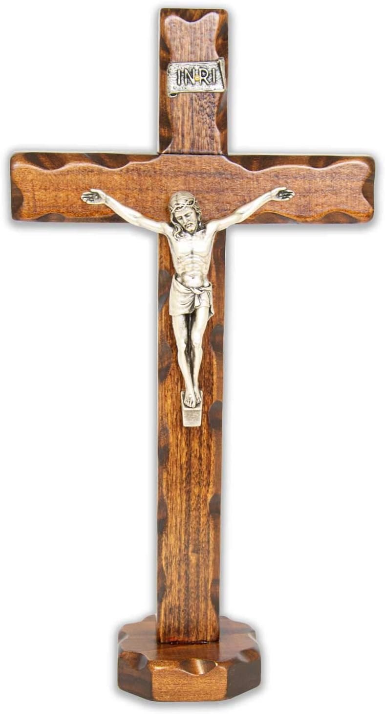 Crucifijo de madera, cristo chapado en plata 999, base de apoyo, fabricado en Umbria, Italia, medidas 18,7 x 9,50 x 3 cm