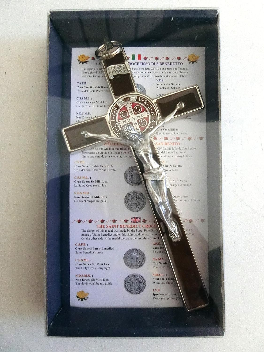 Cruz de San Benito de 20 cm esmaltada marrón plata con caja de regalo Box oración exorcismo sacerdote iglesia monja