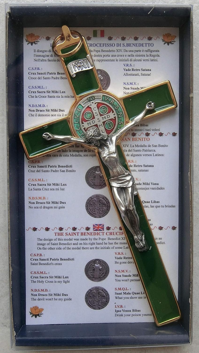 Crucifijo verde de San Benito de 20 cm, esmaltada a mano, con caja de regalo y oración, 10.004.21