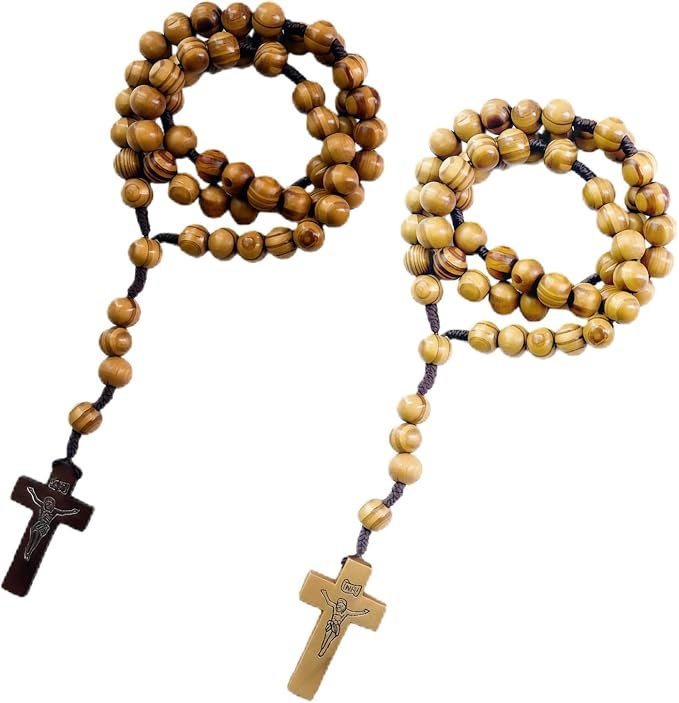 2 Pcs Collar de Rosario con Cruz Católica, Cuentas de Oración de Madera Natural, Hecho a Mano Joyería Religiosa con Cruz para Comunión y Bautismo Misa, Biblia
