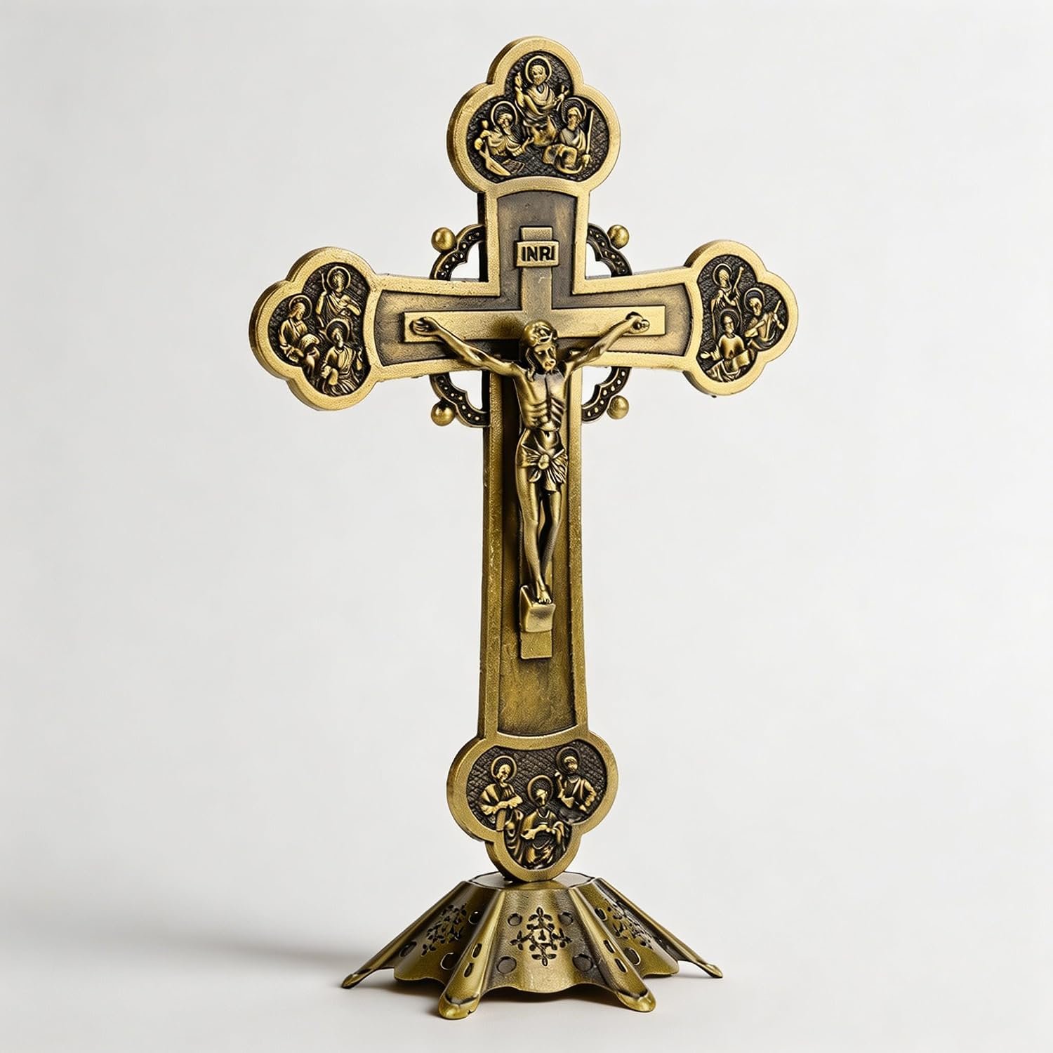 Crucifijo católico de pie para altar 3.1" x 7.9" Crucifijo de mesa estilo dorado vintage Cruz inspiradora decoración del hogar, de boda católico, regalos devotos, hecho de metal (Bronce)